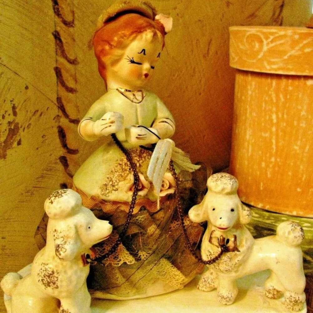 Vintage 1940 Japanese Art Porcelain Figurines Lady and 2 Poodles 14K Gold Trim